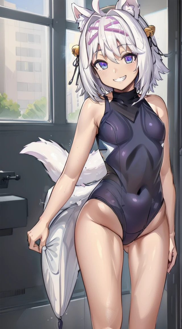 1girl,
BREAK (( 1girl, solo, filian, purple eyes, white hair, short hair, ahoge, animal ears, hair bell, hairband, tail, looking at viewer, upper body, grin, small breasts, wide hips, slim legs, , blue skirt, short sleeves:1))
BREAK ((smiling,school's swimsuit,standingleg up ,flat chests,:1.6))
BREAK indoors,
BREAK looking at viewer, 
BREAK (masterpiece:1.2), best quality, high resolution, unity 8k wallpaper, (illustration:0.8), (beautiful detailed eyes:1.6), extremely detailed face, perfect lighting, extremely detailed CG, (perfect hands, perfect anatomy),