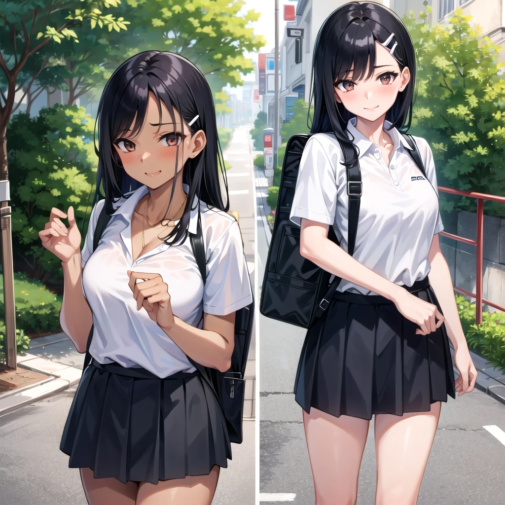 ((best quality)), ((masterpiece)), (detailed), 1girl, sexly((best quality)), ((masterpiece)), (detailed), 1girl, sexly((Highest quality)), ((masterpiece)), (detailed), One girl, whole body、Sexy expensive body, expensive, Long legs, mature female, mature, Adult, It is_nagatoro_main, nagatoro hayase, One girl, blush, alone, White polo shirt、 Black Hair, bag, Brown eyes, hair ornaments, View your viewers, Hair Clip, Outdoor, Backpack, smile, Long Hair, White shirt, Dark skinned women, Dark Skin, , bangs, Day, skirt, Collared shirt, clavicle, Ear Clip, Rolled up my sleeves, Mouth closed, wood, asymmetrical bangs, Upper Body