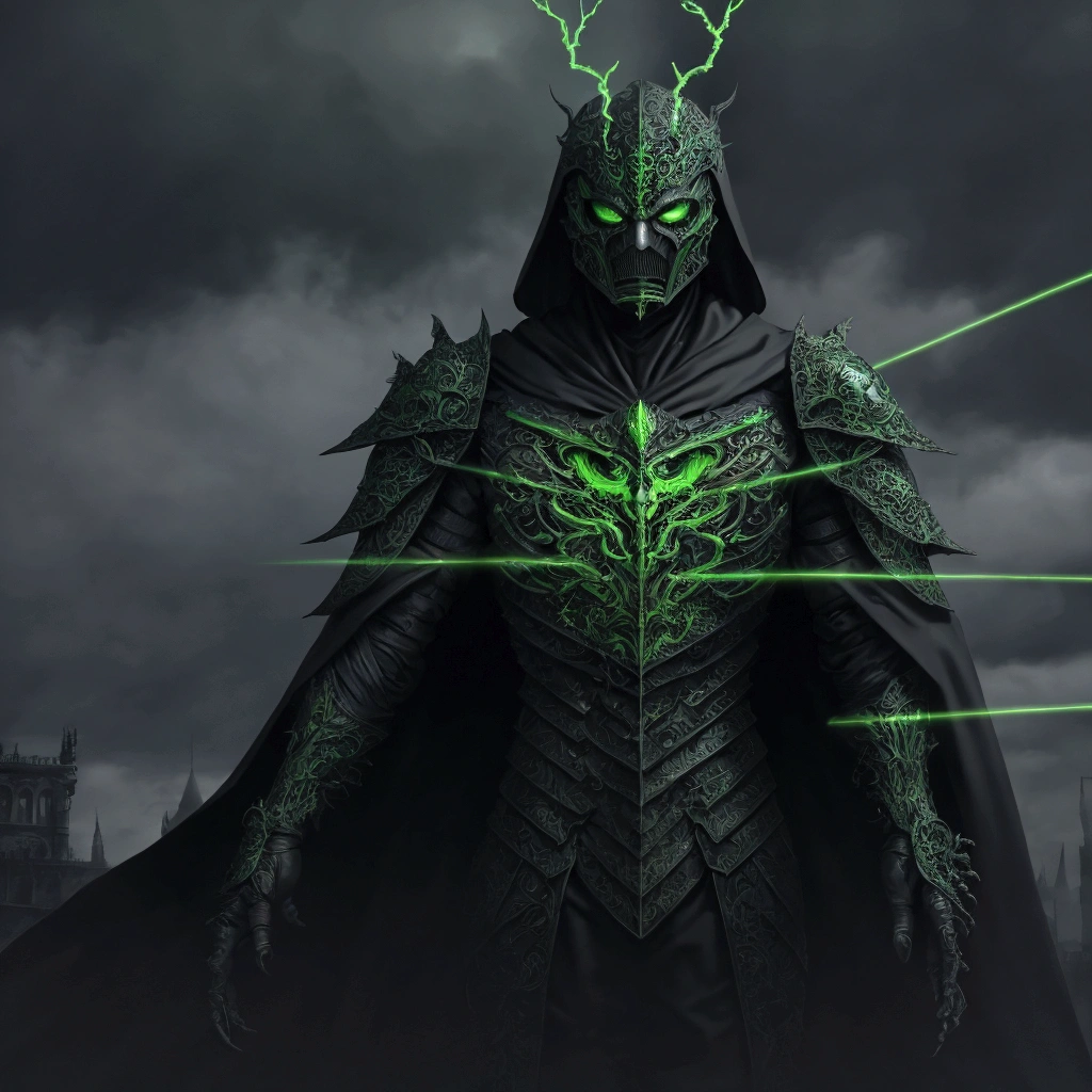 (extremely detailed 8k wallpaper), a medium shot photo of scary Grim dressed as a majestic masked green nature-supervillain in an armour made of natural glowing wires from marvel, theme, intricate, high detail, dramatic, old scary building with green nature in the background