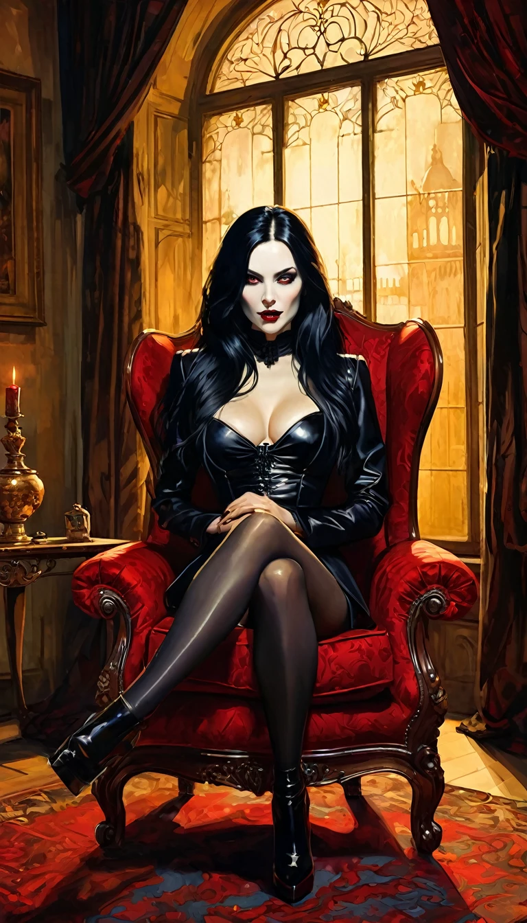 vampire girl, long black hair, middle age, full of blood, sexy middle age noble clothing, (((blood in the mouth))), slight smile, in a palace room, sitting in a luxurious armchair, large window with night view, dim light , sepia toned, (art inspired by Bill Sienkiewicz). oil painting)(best quality,4k,8k,highres,masterpiece:1.2),ultra-detailed,(realistic,photorealistic,photo-realistic:1.37),intricate details,vivid colors,sharp focus,professional,Dave McKean artwork, oil touch of surrealism,oil painting style
