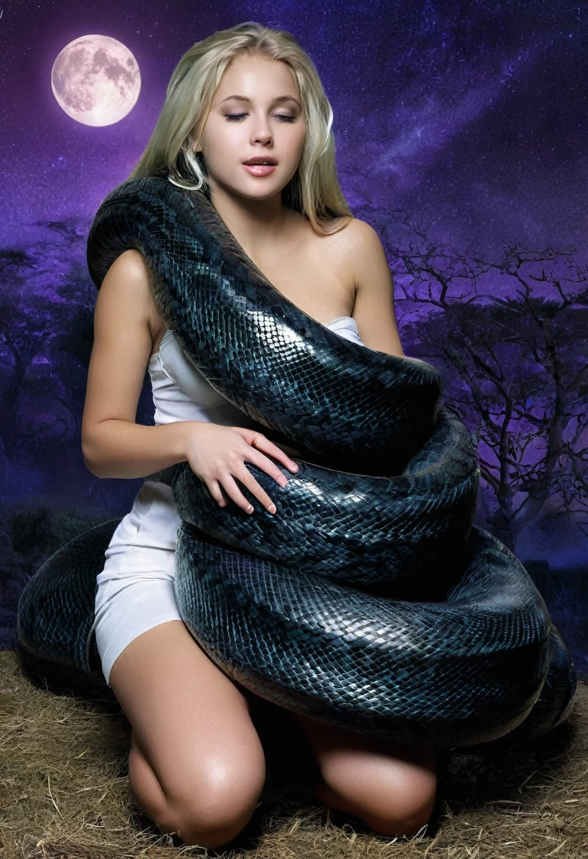   Happy Horny, aroused 1girl), beautiful kneeling blonde  young teen girl  with  giant colossal black titanboa squeezing her hard, wrapped in thick spiraling coils, constricted, struggle, gasping for air, snake attack, snake peril, moonless night, dim light