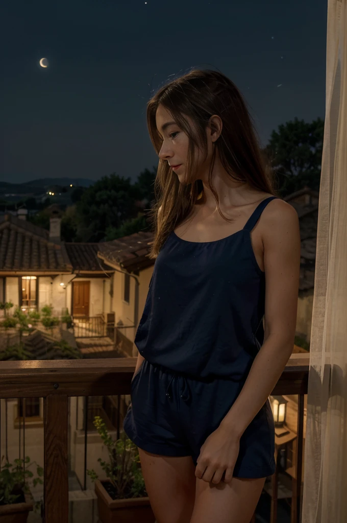 Create a highly realistic scene of a 13-year-old Italian girl standing on the balcony of her rural home at night, surrounded by the peaceful darkness of the countryside. She is dressed in a light, summery pajama set: a sleeveless top and matching shorts. Her shoulder-length brown hair gently frames her face, slightly tousled by a faint evening breeze. Her expression is one of calm and contemplation as she gazes into the distance, taking in the quiet night.
The balcony is rustic with a wooden railing and a few terracotta potted plants positioned along the edges, their leaves casting delicate shadows in the soft light coming from a small lantern placed on a nearby table. The girl stands with a relaxed posture, her hands resting on the railing, as she leans slightly forward to observe the view.
The night sky above is a deep navy blue, filled with countless twinkling stars. There is no moon, enhancing the sense of depth and serenity in the sky. Below, the landscape is a silhouette of rolling hills, dotted with occasional clusters of trees, and distant outlines of farmhouses barely visible against the horizon. The countryside is bathed in darkness, with the only light coming from the stars and the faint glow of the lantern, creating a tranquil and isolated atmosphere.
The air is cool, and the sounds of nocturnal insects and a gentle rustle of leaves add to the sense of peace. The scene captures the solitude and beauty of a summer night in rural Italy, reflecting the girl's introspective mood as she stands alone on her balcony, immersed in the serene and quiet surroundings.