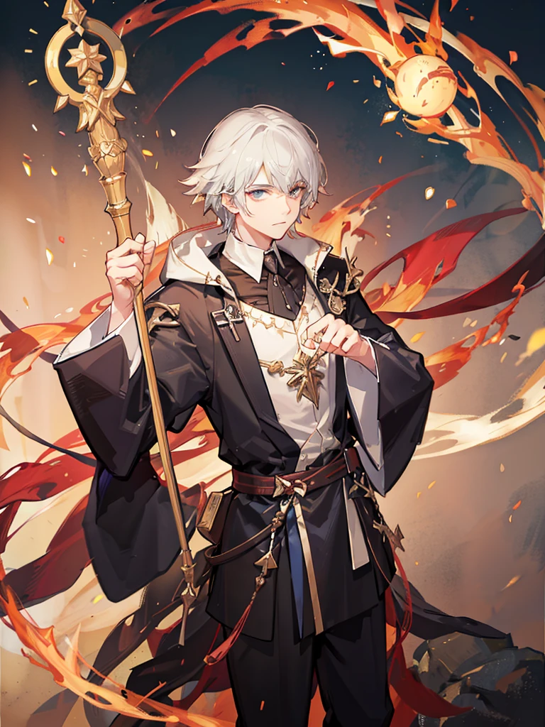 a rpg boy wizard, holding his fire element staff