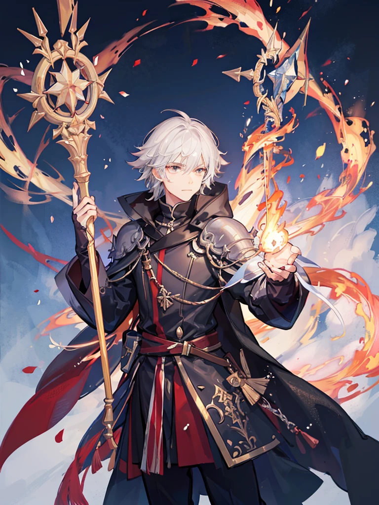 a rpg boy wizard, holding his fire element staff