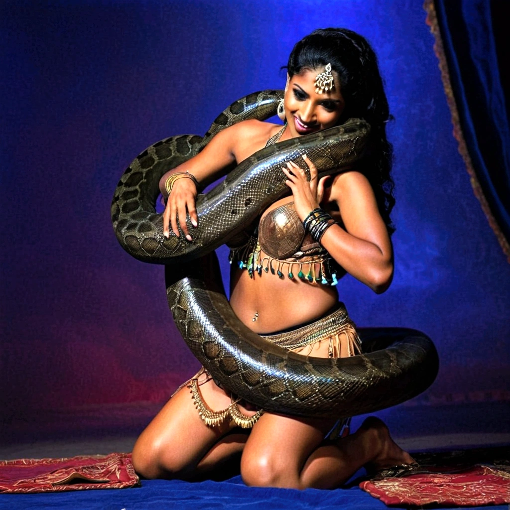 topless Happy Horny, aroused 1girl), beautiful kneeling indian young belly dancer with giant colossal black titanboa squeezing her hard, wrapped in thick spiraling coils, constricted, struggle, gasping for air, snake attack, snake peril, moonless night, dim light
