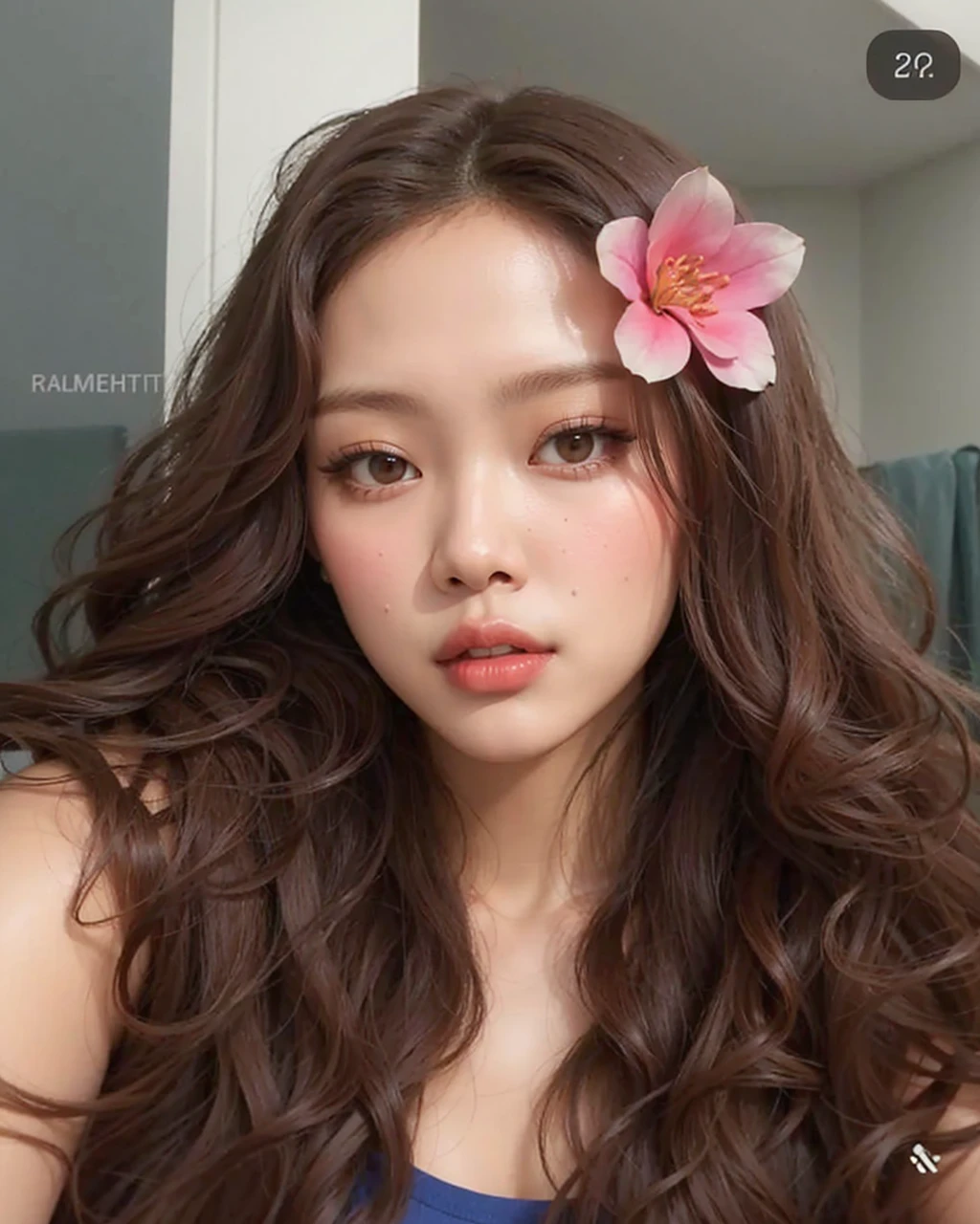 an idol jennie kim with black curly hair in a selfie