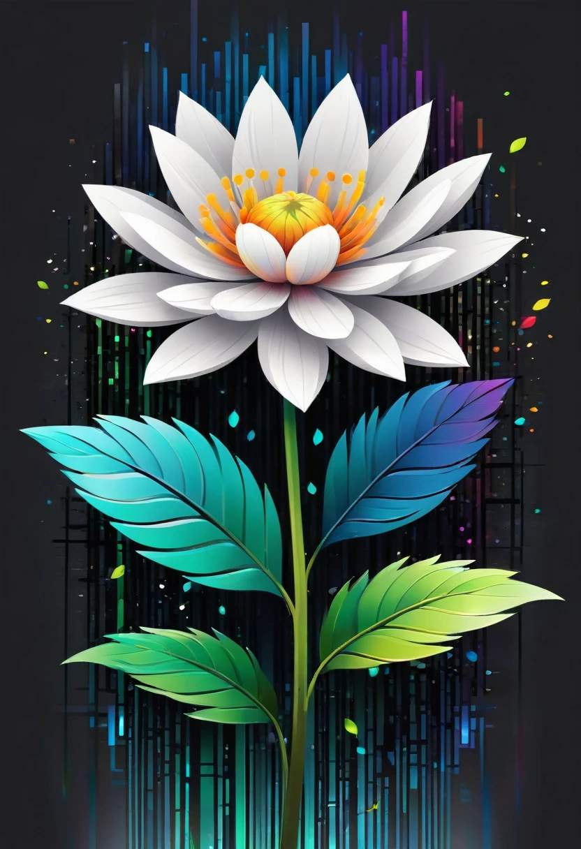 The flower petals should seamlessly blend with pixelated elements and glitch effects, symbolizing the fusion of nature and technology. The background of the shirt is neutral (white, black, or dark gray) to highlight the vibrant colors of the flower. Surround the flower with a soft glow of gradient colors transitioning from natural greens and blues to vibrant neons. Add fine metallic geometric lines interwoven with the main design, giving a touch of elegance and sophistication. Include a small, minimalist "Éclat" signature at the lower right corner of the design, accompanied by a tiny digital icon. Ensure the design is detailed and visually captivating, suitable for a high-quality, modern, and slightly fitted t-shirt made from organic cotton with a touch of elastane.