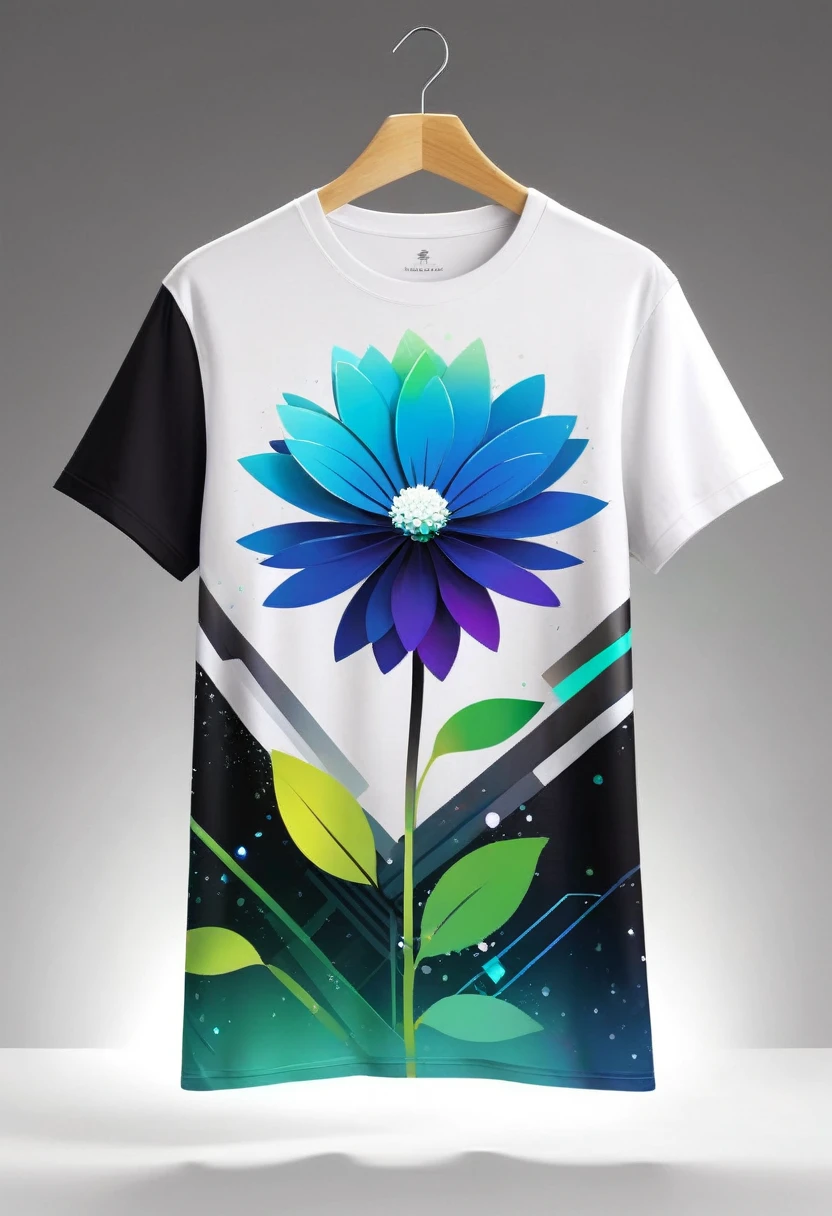 The flower petals should seamlessly blend with pixelated elements and glitch effects, symbolizing the fusion of nature and technology. The background of the shirt is neutral (white, black, or dark gray) to highlight the vibrant colors of the flower. Surround the flower with a soft glow of gradient colors transitioning from natural greens and blues to vibrant neons. Add fine metallic geometric lines interwoven with the main design, giving a touch of elegance and sophistication. Include a small, minimalist "Éclat" signature at the lower right corner of the design, accompanied by a tiny digital icon. Ensure the design is detailed and visually captivating, suitable for a high-quality, modern, and slightly fitted t-shirt made from organic cotton with a touch of elastane.