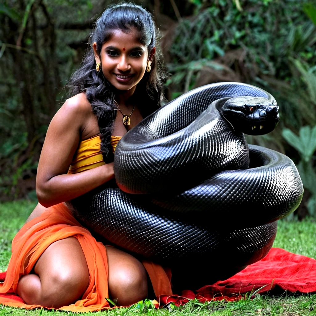   Happy Horny, aroused 1girl), beautiful kneeling indian young teen girl  with  giant colossal black titanboa squeezing her hard, wrapped in thick spiraling coils, constricted, struggle, gasping for air, snake attack, snake peril, moonless night, dim light