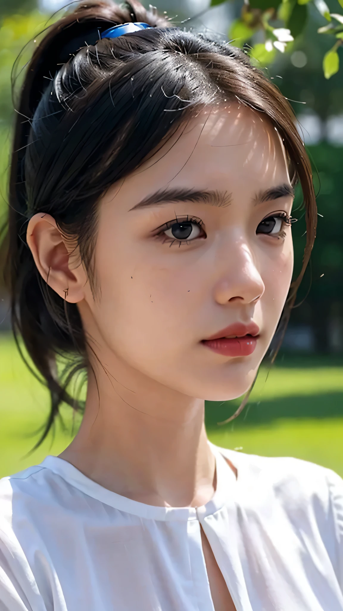 dress,outdoors,Urban Park,On the lawn,One woman,close up face,fully body photo,masutepiece, The highest image quality, High quality, the background is clear,Beautiful woman, Japanese, Detailed, Ultra-detailed, finely detail, hight resolution, 8K Wallpaper, Perfect dynamic composition, Beautiful detailed eyes ,Detailed eyes, Detailed skin, Beautiful skin, 超hight resolution, (reality: 1.4),Very beautiful woman, Slightly younger face, Beautiful skin, slender, (Ultra photo realsisim), (hight resolution), (8K), (Very detailed) (beautifully detailed eyes), (super detailed), (Detailed face), view the viewer, Fine details, Detailed face, Staring straight ahead, Staring straight ahead, photos realistic, Bright lighting, Professional Lighting, Black hair,poneyTail,a baby face,sixteen years old,Hairstyle: ponytail,Long ponytail hairstyle,slight smile,