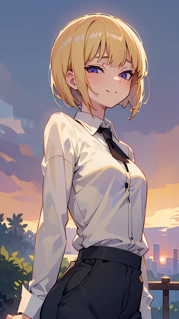1 Girl、(blonde)、short hair、Bobcut、Blunt bangs、Beautiful purple eyes、Slender body、From the side、Upper body close-up、White shirt、Black work trousers、Black Fitted Blazer、Calm face、Mouth closed、Cheeky Smile、Squint your eyes、Park in the background、sunset、Soft lighting.