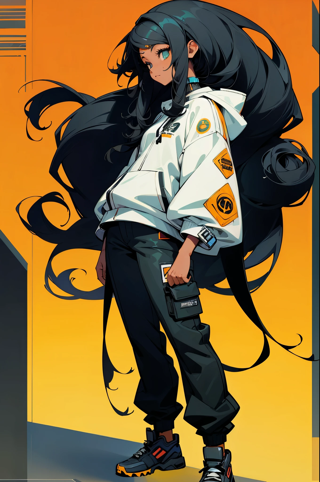 a woman with long black hair wearing a jacket and pants, African American skin, girl fanart, she is wearing streetwear, detailed anime character art, highly detailed character design, in style of digital illustration, anime style character, high quality character design, anime style illustration, cyberpunk anime girl in hoodie, black long curly hair, rossdraws | afrofuturism