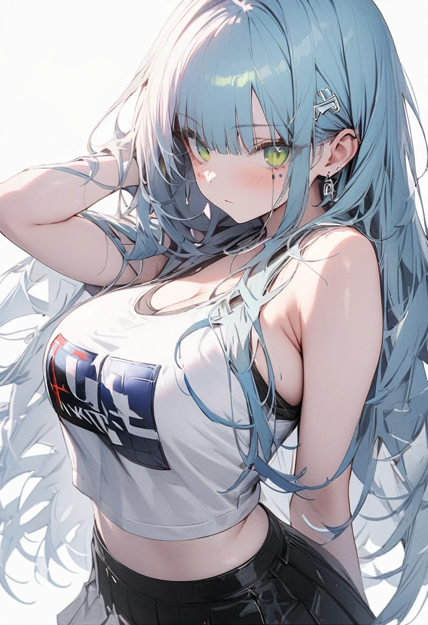 （(1girl)），(((high resolution)))，straight hair,large breatst,(Masterpiece)，(Super detailed)，Simple Background，White background，Cool look,((hk416)) ，Expressionless face，（(Sky Blue hair_Straight bangs))，((long hair))，big breasts,Teenage Girls,Clear Eyes，(Green Eyes),Clear white skin,Great graphics,((full body)),((mini skirt))