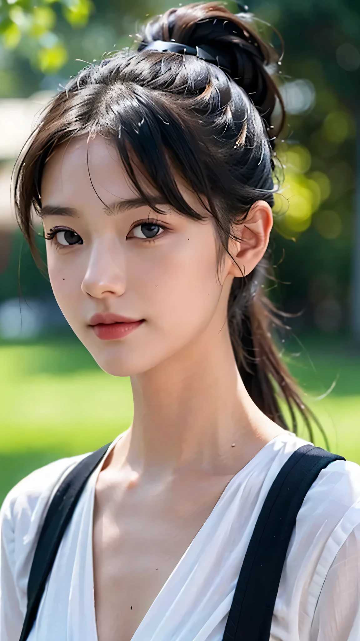 dress,outdoors,Urban Park,On the lawn,One woman,close up face,fully body photo,masutepiece, The highest image quality, High quality, the background is clear,Beautiful woman, Japanese, Detailed, Ultra-detailed, finely detail, hight resolution, 8K Wallpaper, Perfect dynamic composition, Beautiful detailed eyes ,Detailed eyes, Detailed skin, Beautiful skin, 超hight resolution, (reality: 1.4),Very beautiful woman, Slightly younger face, Beautiful skin, slender, (Ultra photo realsisim), (hight resolution), (8K), (Very detailed) (beautifully detailed eyes), (super detailed), (Detailed face), view the viewer, Fine details, Detailed face, Staring straight ahead, Staring straight ahead, photos realistic, Bright lighting, Professional Lighting, Black hair,poneyTail,a baby face,sixteen years old,Hairstyle: ponytail,Long ponytail hairstyle,slight smile,