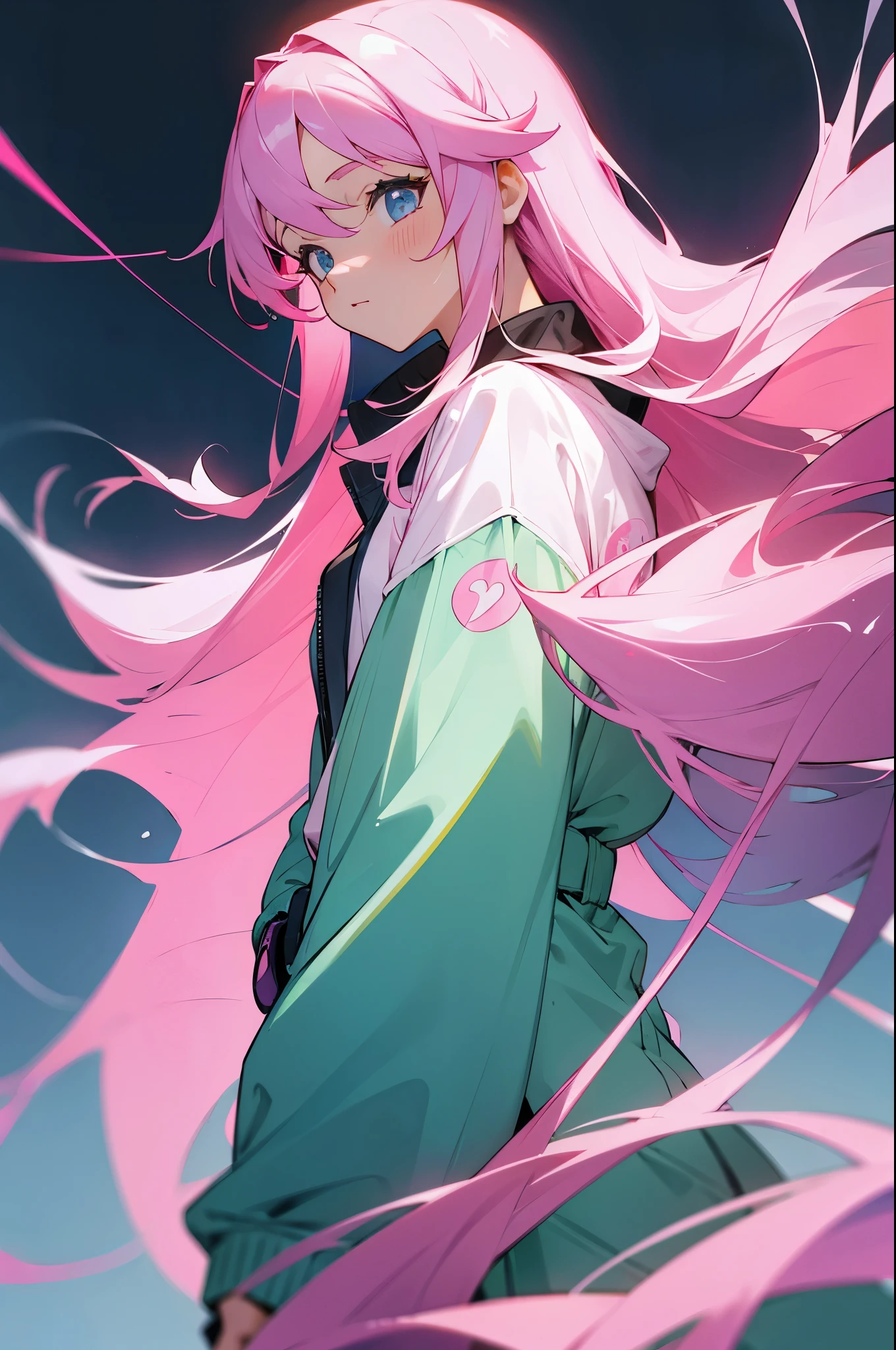Anime girl with pink hair and blue eyes walking in the wind - SeaArt AI
