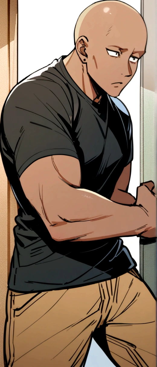 Manages a 19 year old boy standing with his hands in his pockets in front of a white wall, with an athletic physique, skin fair, eyes browns, slicked black hair, 1.80 tall, not too fat, not too thin, wearing a black shirt,With a girl of 1.76 on the side, with long black hair, black eyes, a little thin, fair skin, with a black blouse and black pants, looking at the boy, she also has a medium bust and medium hips