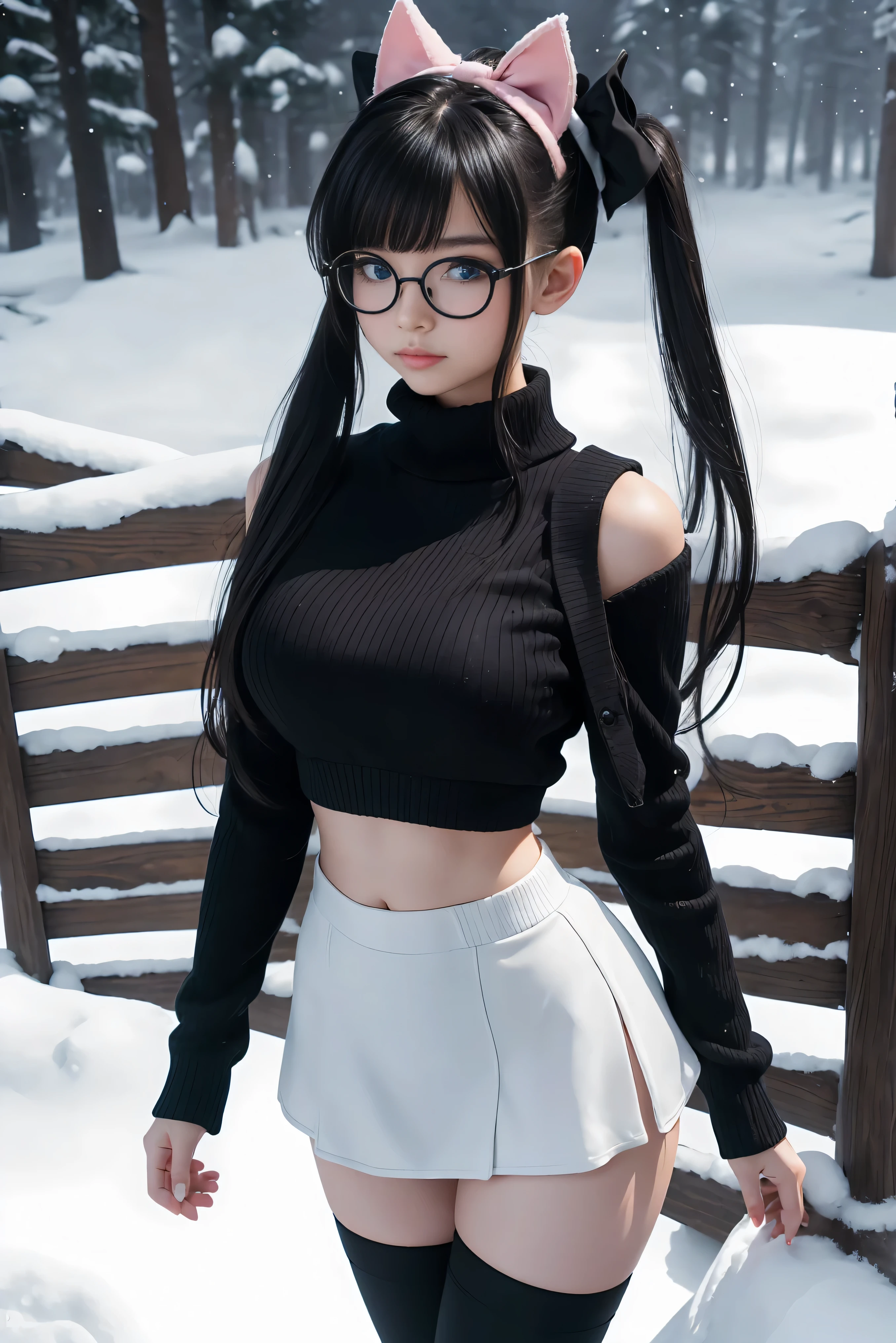 (Best Quality,High resolution:1.2), Ultra-detailed, Realistic portrait, hot Russian girl, pretty face, perfect long legs, full body, tiny waist. large breasts, standing, tight white cropped jumper, black high waist leggings, pink and white snow boots, in the snow, large blue eyes, long black hair tied up with a ribbon, pigtails, tight high waist mini skirt, woolen socks, hair bangs, snowing, foggy, (large round black rimmed glasses), cat ears, (large bow at the back of head, midriff)