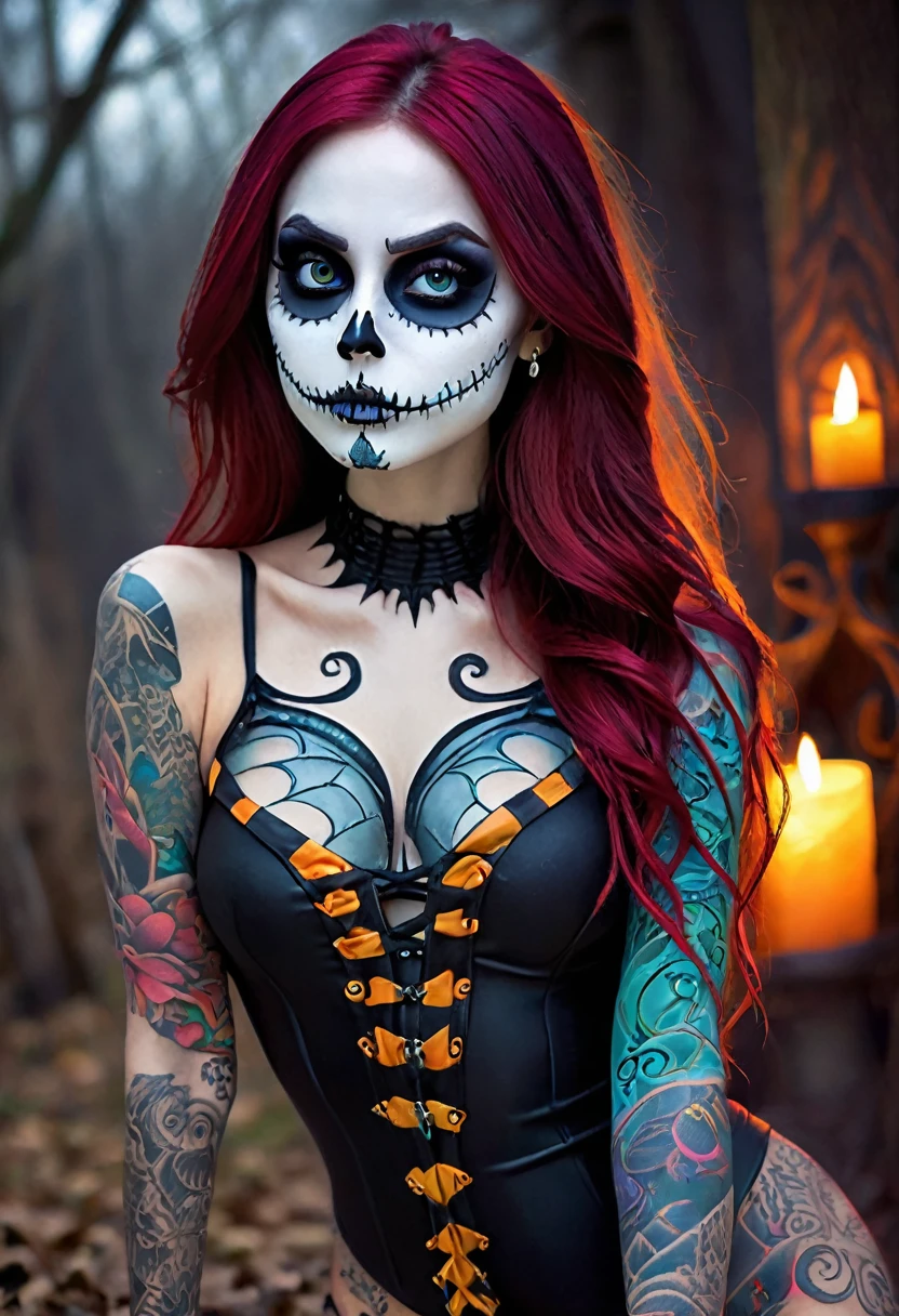 Create a hyper detailed photograph of a nightmare before Christmas tattooed young sexy stunning gorgeous sally Skellington, Stunningly perfect gorgeous face, perfect makeup,detailed vibrant eyes, long hair,detailed perfect beautiful legs, detailed perfect beautiful arms, realistic torso, muscular abs, sally Skellington detailed silky smooth skin texture,detailed silky smooth perky breast, perfect round ass, nightmare before Christmas sexy seductive strappy, back to viewer looking forward,