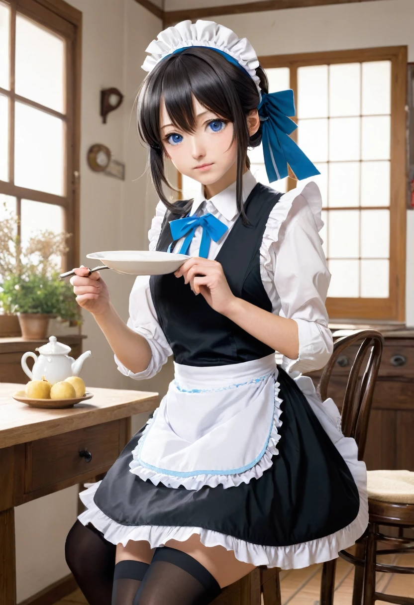 peace teacher, Best Quality, high resolution, 1 girl, Hayasaka Ai, Alone, by rubio, maid, Blue eyes, Side ponytail, hair scrunchy, hair ornament, blue vest, maid headdress, apron, hair between the eyes, old, long sleeves, hits, White shirt, black dress, Side locks, maid apron, black pantyhose,  cowboy shot,  