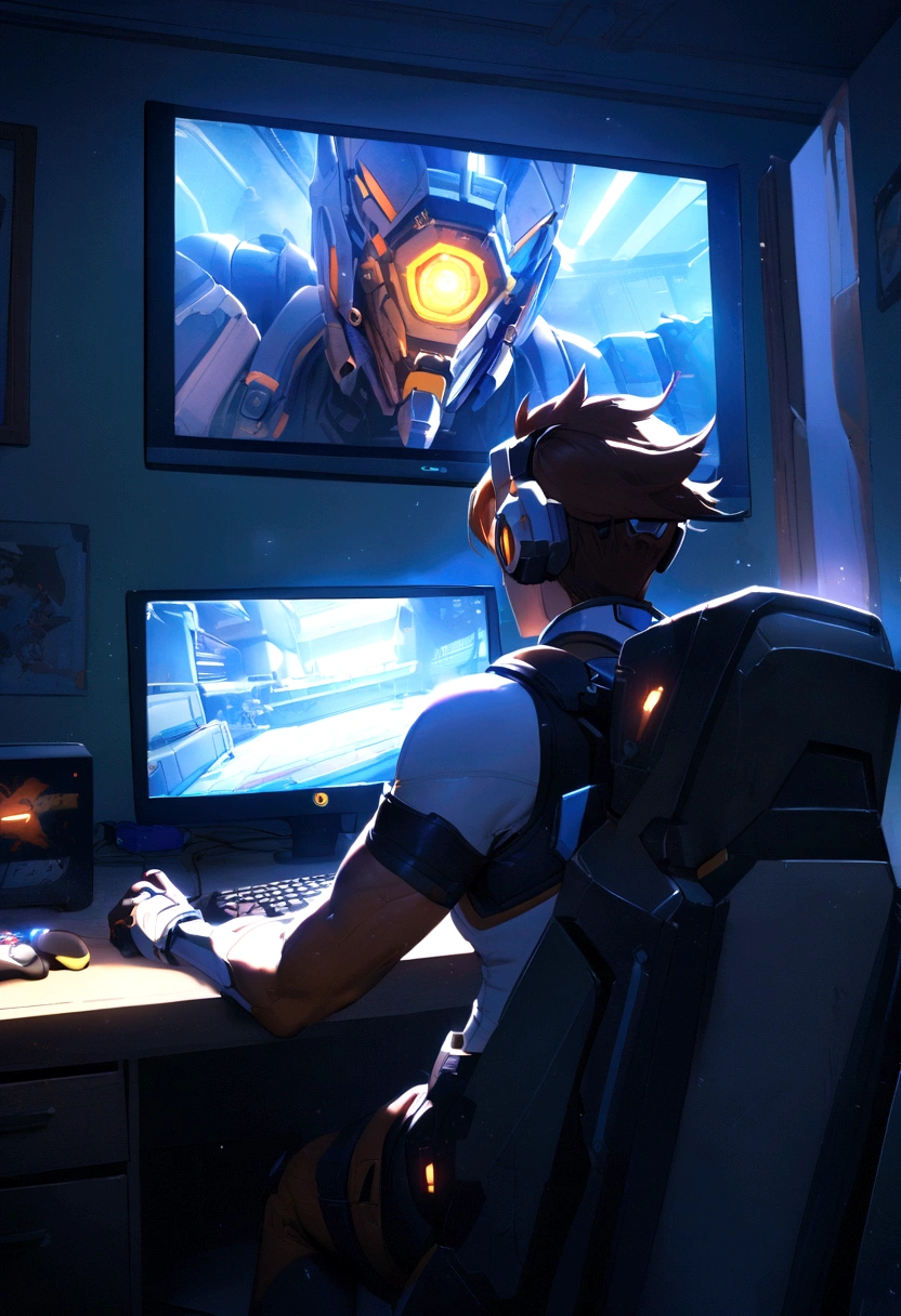 tracer form overwatch who play video game with a pc in a bedroom 