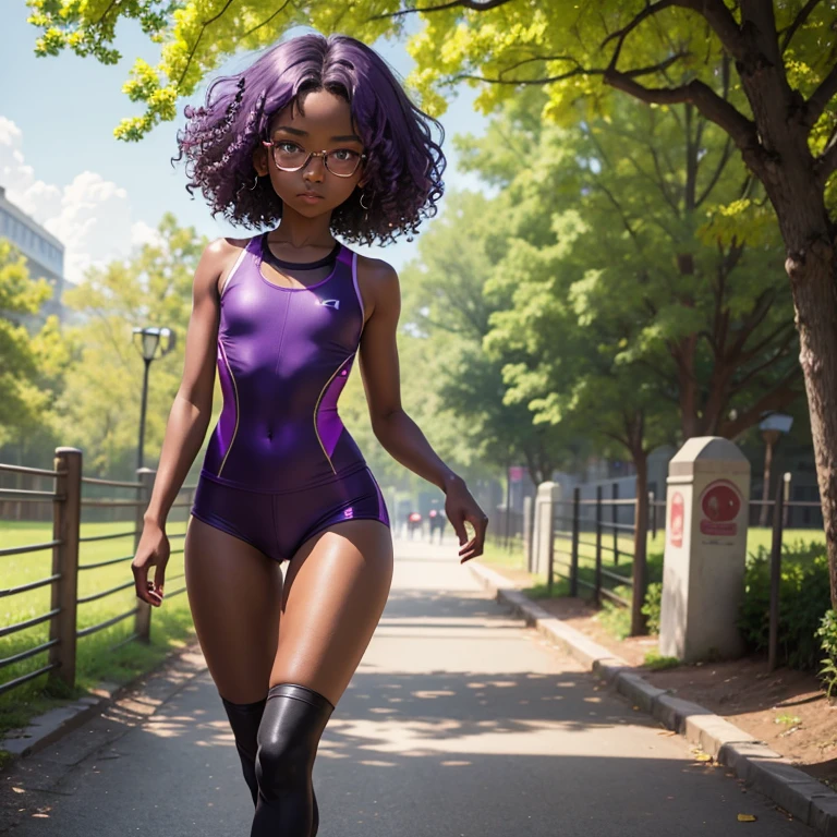 (masterpiece), (best quality), (high res) Solo, (perfect anatomy), (young girl (()), ((((dark skin)))), (((curly purple hair))), (((shoulder length)))), red eyes, round eyeglasses, ((skin tight training outfit), (red skin tight high heels boots), (skin tight mini shorts), (super skin tight shorts), angry, ((((flat chest)))), in a futuristic setting with a red light, cyberpunk, best anime 4k, jogging in a park