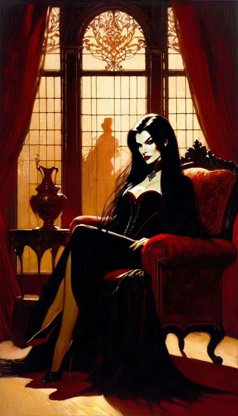 vampire girl, long black hair, middle age, full of blood, sexy middle age noble clothing, (((blood in the mouth))), slight smile, in a palace room, sitting in a luxurious armchair, large window with night view, dim light , sepia toned, (art inspired by Bill Sienkiewicz). oil painting)
