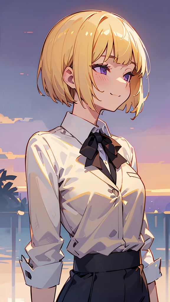 1 Girl、(blonde)、short hair、Bobcut、Blunt bangs、Beautiful purple eyes、Slender body、profile、Upper body close-up、White shirt、Black work trousers、Black Fitted Blazer、Calm face、Mouth closed、Cheeky Smile、Squint your eyes、Park in the background、sunset、Soft lighting.