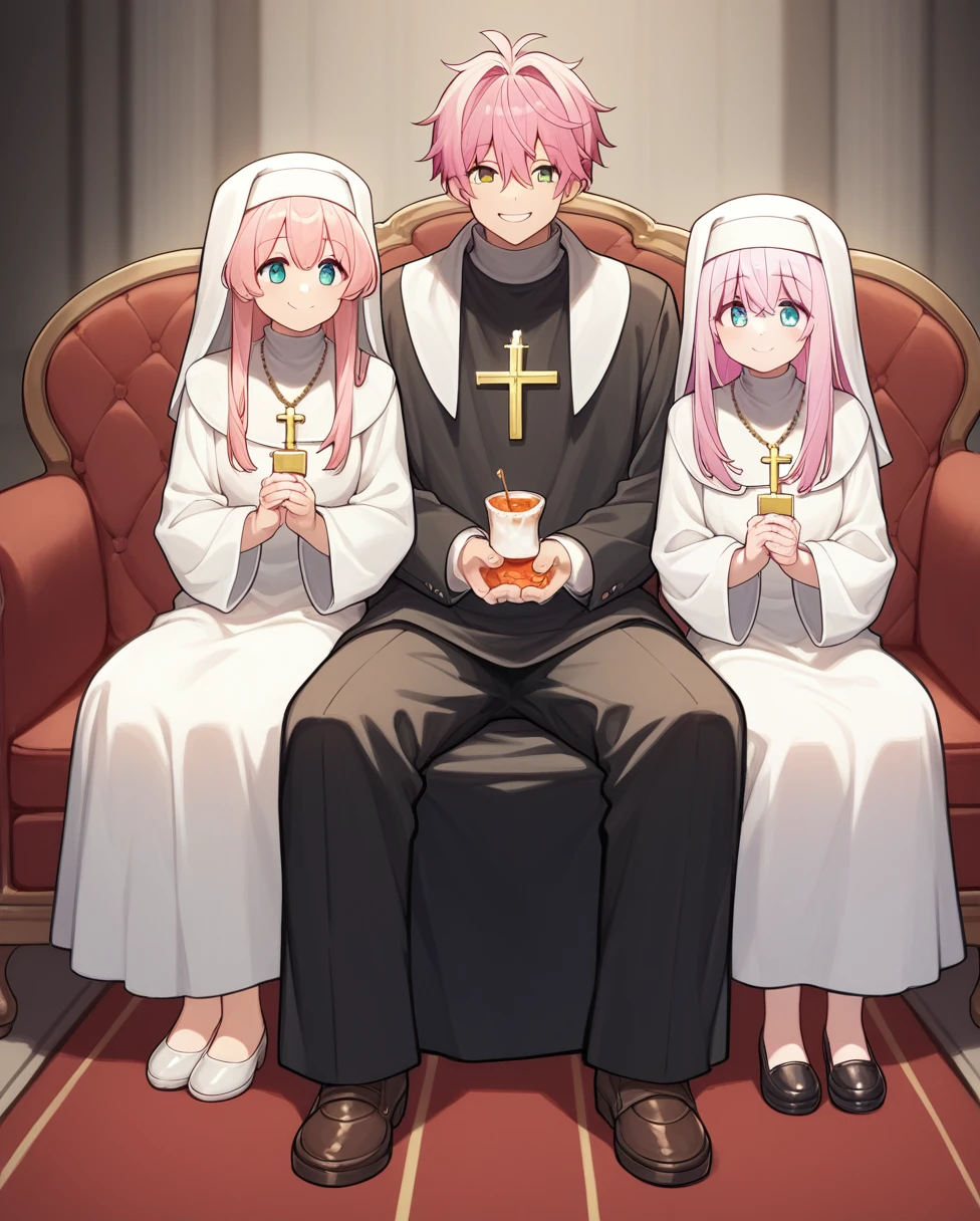 score_9, score_8_superior, score_7_superior, sauce_anime, BREAK MULTIPLE GIRLS, One boy, priest, Nuns, Sitting, whole body, smile, View your viewers, sofa, evaluation_Safety、Pink hair