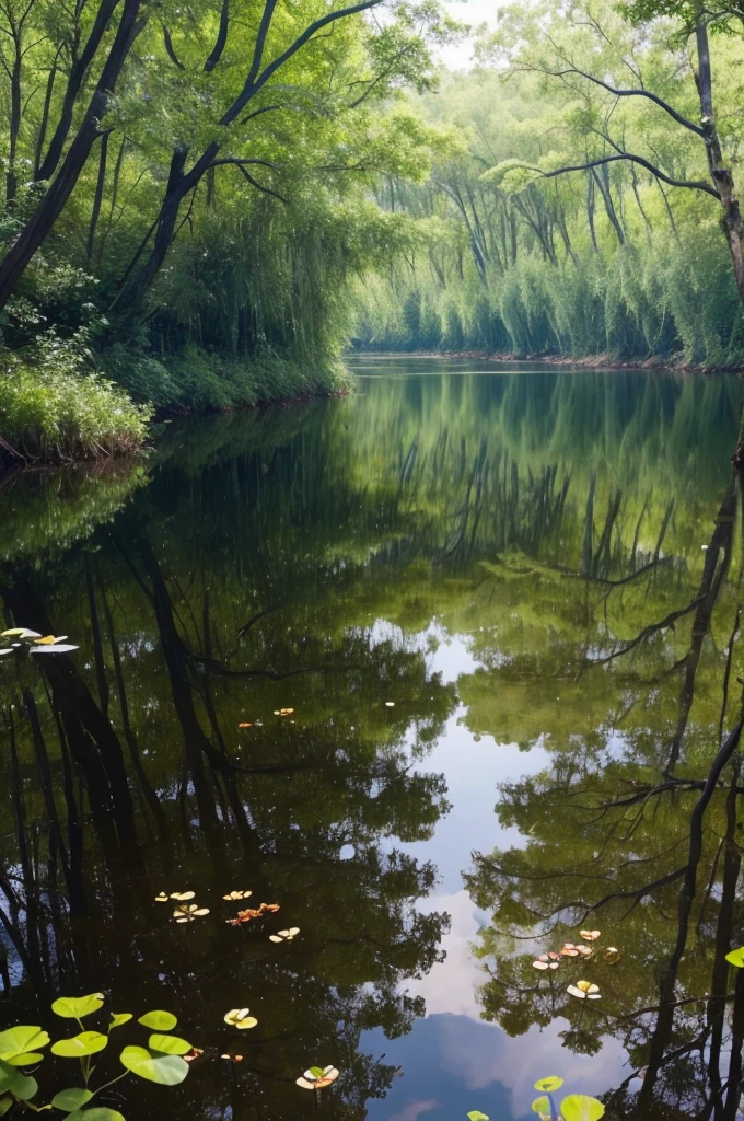 I want a photo of a swamp, a very beautiful swamp with enchanted creatures, fish, forests, land-based water birds, alligators