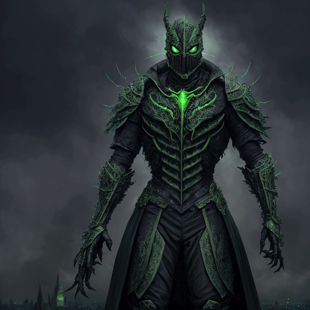 (extremely detailed 8k wallpaper), a medium shot photo of Grim dressed as a scary masked green nature-supervillain in an armour made of natural glowing wires from marvel, theme, intricate, high detail, dramatic, old scary building with green nature in the background