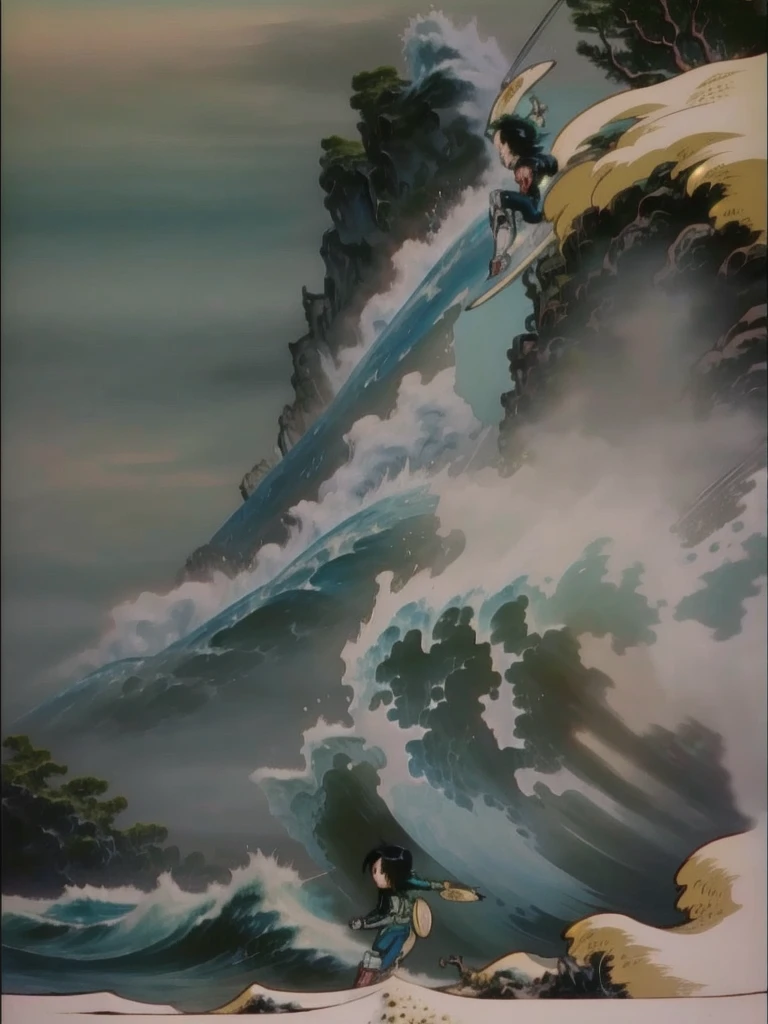 ((best quality)), ((masterpiece)), (detailed), the scenery is the painting "the big wave" by katsushika hokusai, on First sight there Is Battle Angel Alita with an happy expression