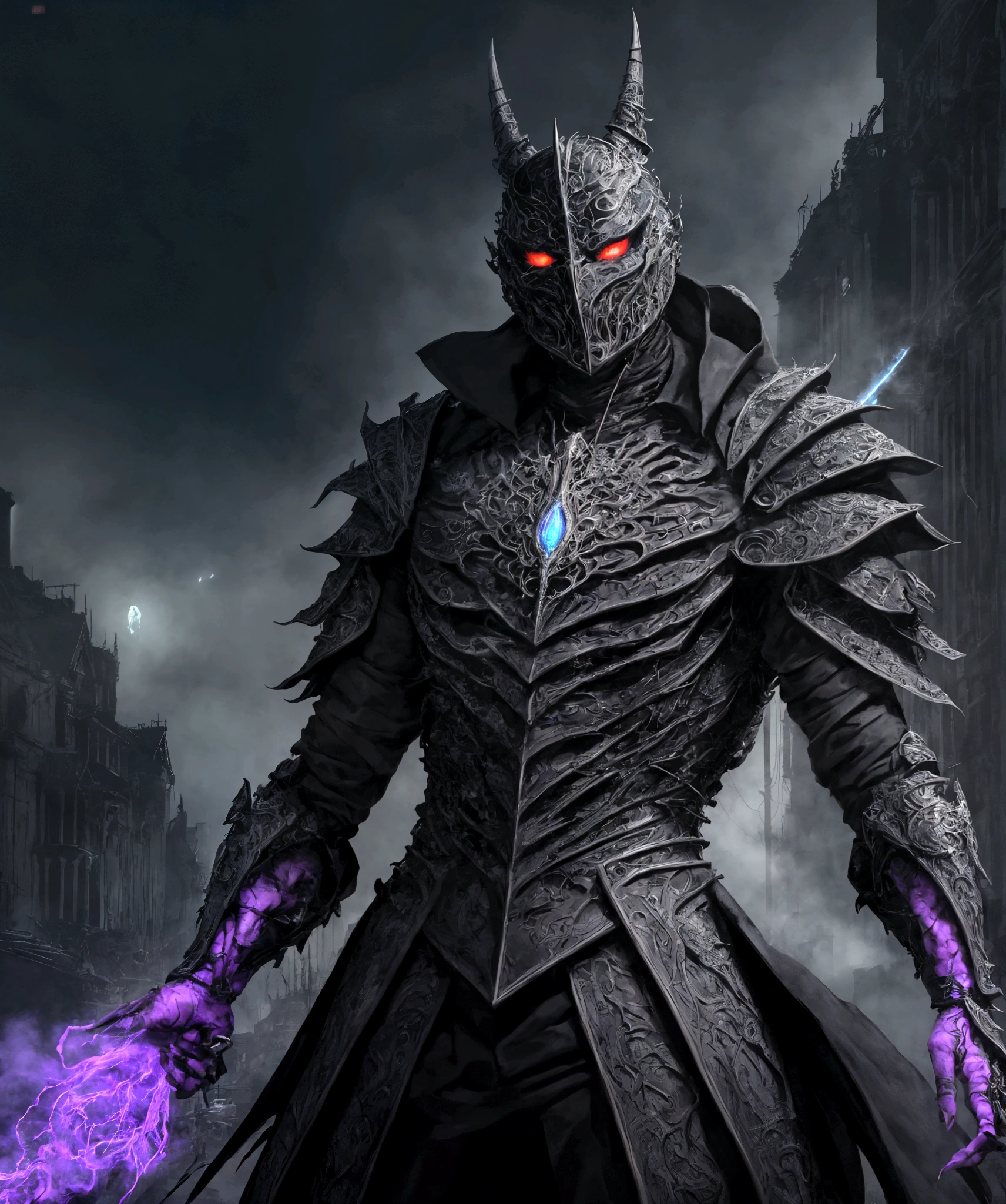 breathtaking cinematic science fiction photo of a portrait of Dark knight, metal skin, body full of spikes and glowing metrics inside, glowing multicoloured eyes, multifaceted eyes, metallic arms, inside a destroyed building, extremely menacing creature, highly detailed, award-winning
