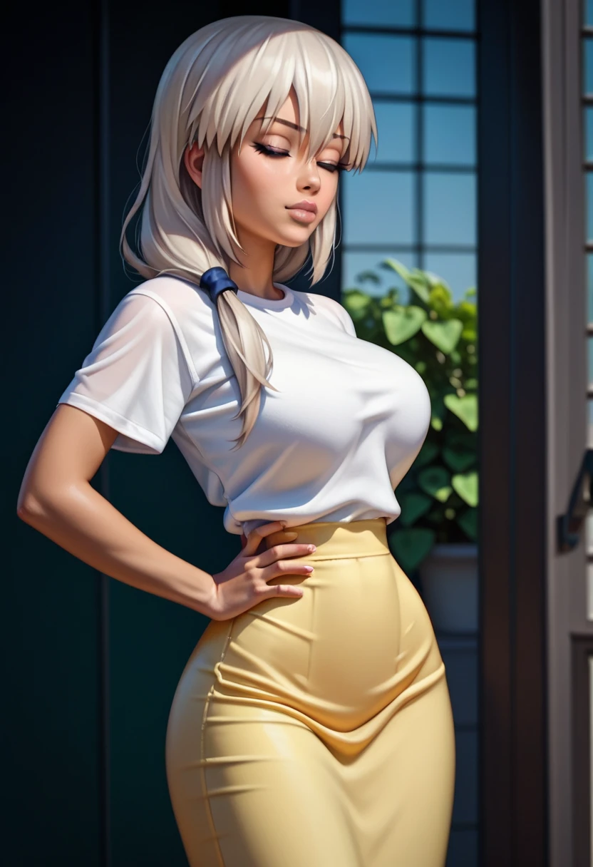 close-up, hyperrealism, photorealism, mature bimbo, thick calves, beautiful slim thicc body, slender, wide hips, slim, thin, big thighs, skinny, curvy, small waist, big breasts, narrow waist, white t-shirt, tucked in t-shirt, long skirt, yellow skirt, loving atmosphere, tan skinned tanned tan skin, 43 years old, full lips, white hair, Uzaki_Tsuki, closed eyes, long hair