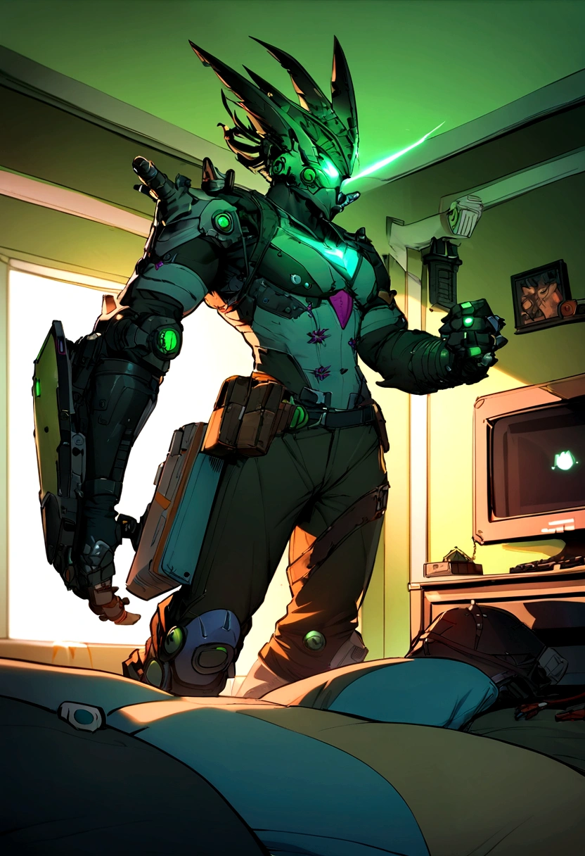 junkrat form overwatch who play video game with a pc in a bedroom 
