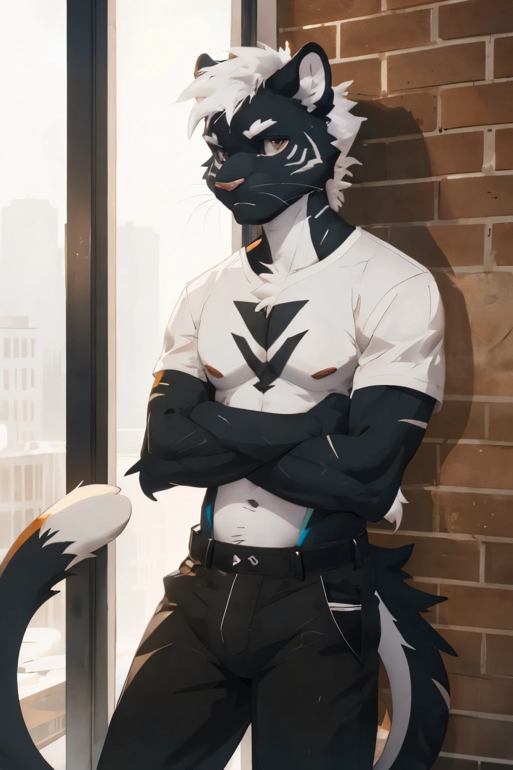 Solo, male, a cute anthro furry panther boy of 19 years old, a single panther tail always, toned, lean, black and white hair, faux hawk hair, blue panther eyes, by fumiko, by hyattlen, by zackary911, indoors, standing, arms crossed, front view, leaning his back against a wall, serious, all black onyx fur, white stripes, crop top white t-shirt and black tight jeans.