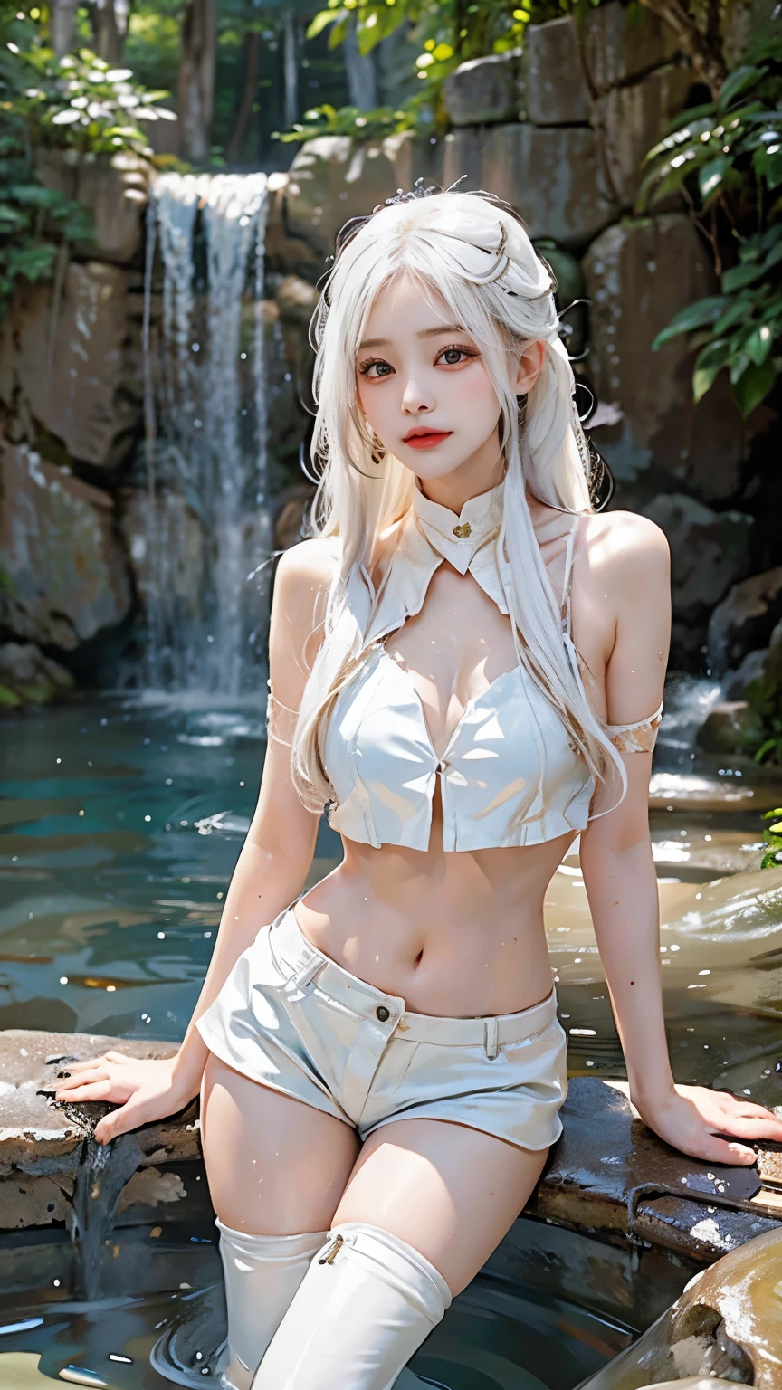 White Hair、Long Hair、Belly button、hot pants、Outdoor、In front of the waterfall、Waterfall basin、Shorts