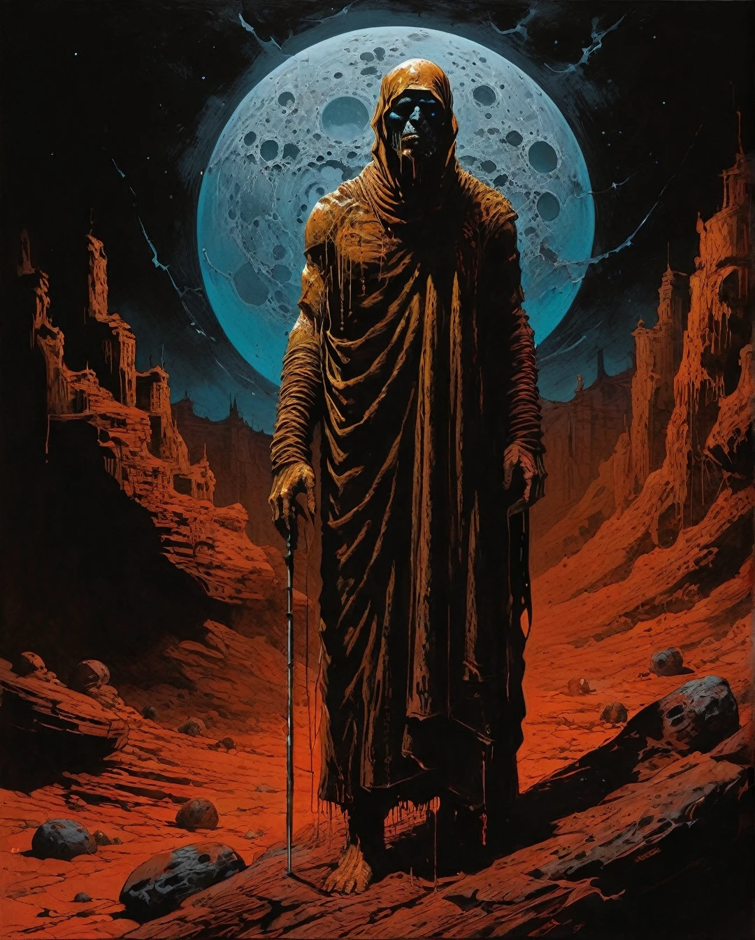 A nomadic Saudi Arabian Bedouin stands tall in the cold desert night, their gaze reflecting the wisdom of centuries. The detailed artwork, reminiscent of styles by Frank Frazetta and Boris Vallejo, captures the essence of the desert warrior with intricate precision. Rich earth tones and intricate patterns embellish their flowing robes, while the moonlight casts a mystical glow over their weathered face. This stunning painting transports viewers to a realm of ancient mystique and unparalleled beauty..... ......, maximalist art, by Moebius and Hariton Pushwagner, (ambient occlusion, masterful, beautiful), poster art, bold lines, hyper detailed, expressive, award winning, (landscape:1.4), (intricate details, masterpiece, best quality:1.4), looking at viewer, dynamic pose, wide angle view, in the style of nicola samori , futuristic style, sleek, ultra modern, high tech, ornate by Moebius and by Marc Simonetti, clean lines, geometric shapes, Minimalist color scheme of red and cyan
mkitdecy, rust, cracks brutalism, style by Tom Jung and Drew Struzan and Tim and Greg Hildebrandt, ((style by artgerm and Greg Manchess and Ilya Kuvshinov))