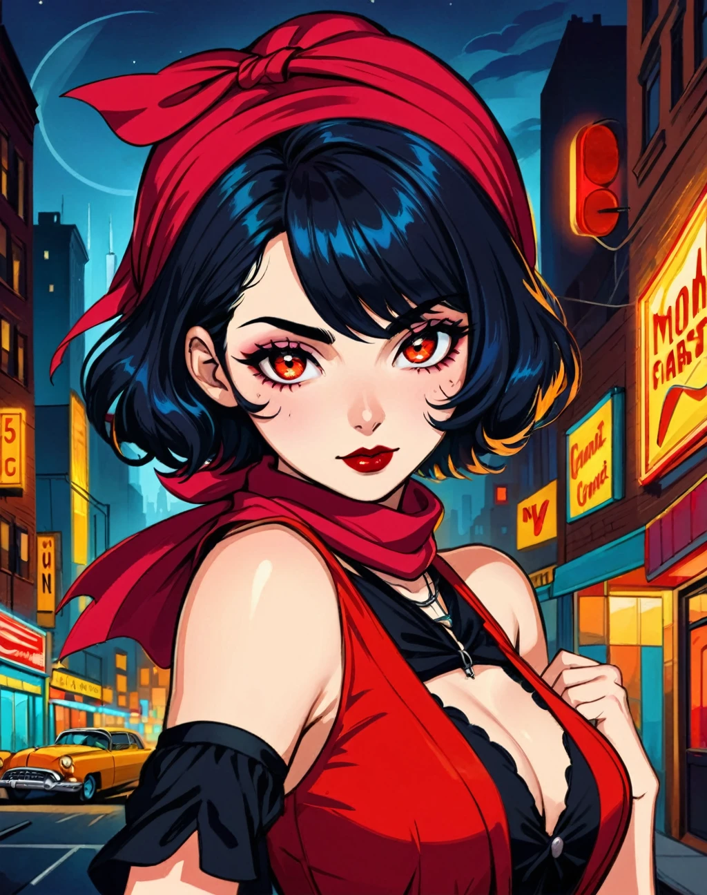 /imagine prompt: A young woman, 19 years old, embodying a stylish vampire hunter in 1950s New York, her short black wavy hair framing her determined face, the red headscarf adding a pop of color to her pin-up ensemble, set against the backdrop of a retro cityscape with neon lights and shadows, capturing the essence of her nocturnal pursuit, Photography, using a portrait lens to focus on her intense gaze and vintage-inspired fashion, --ar 16:9 --v 5