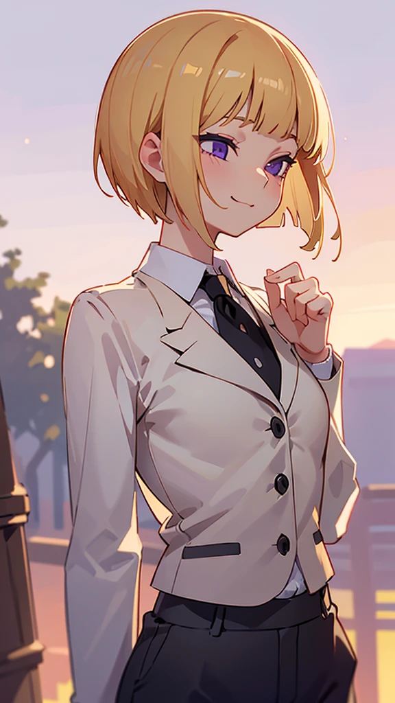 1 Girl、(blonde)、short hair、Bobcut、Blunt bangs、Beautiful purple eyes、Slender body、profile、Upper body close-up、White shirt、Black work trousers、Black Fitted Blazer、Calm face、Mouth closed、Cheeky Smile、Squint your eyes、Park in the background、sunset、Soft lighting.