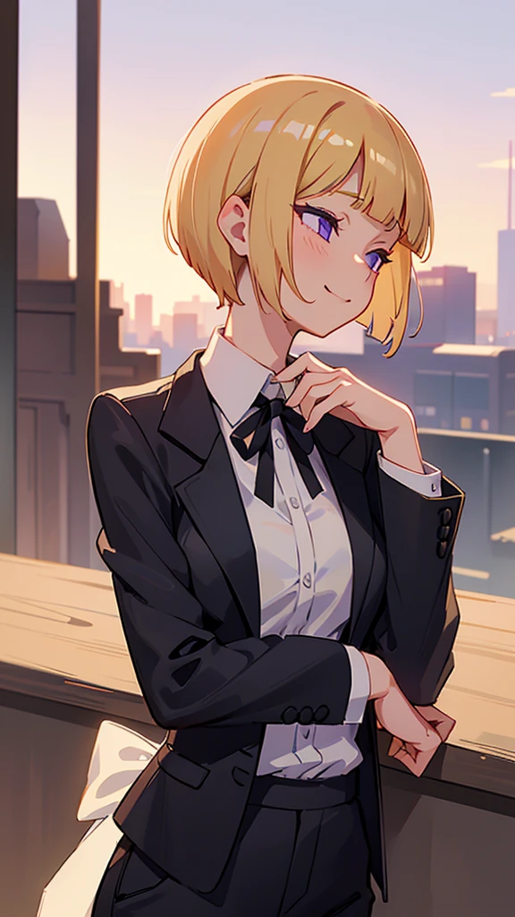 1 Girl、(blonde)、short hair、Bobcut、Blunt bangs、Beautiful purple eyes、Slender body、profile、Upper body close-up、White shirt、Black work trousers、Black Fitted Blazer、Calm face、Mouth closed、Cheeky Smile、Squint your eyes、Park in the background、sunset、Soft lighting.