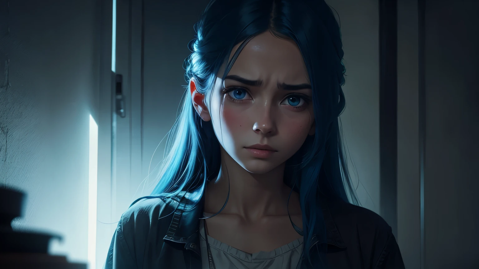a Russian girl with blue hair stands in the middle of the picture, holding her head in pain, in a dark, disquieting environment.