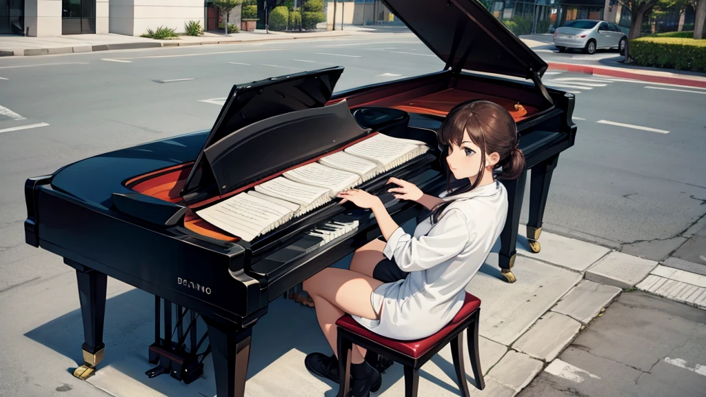 One playing the piano in a parking lot 