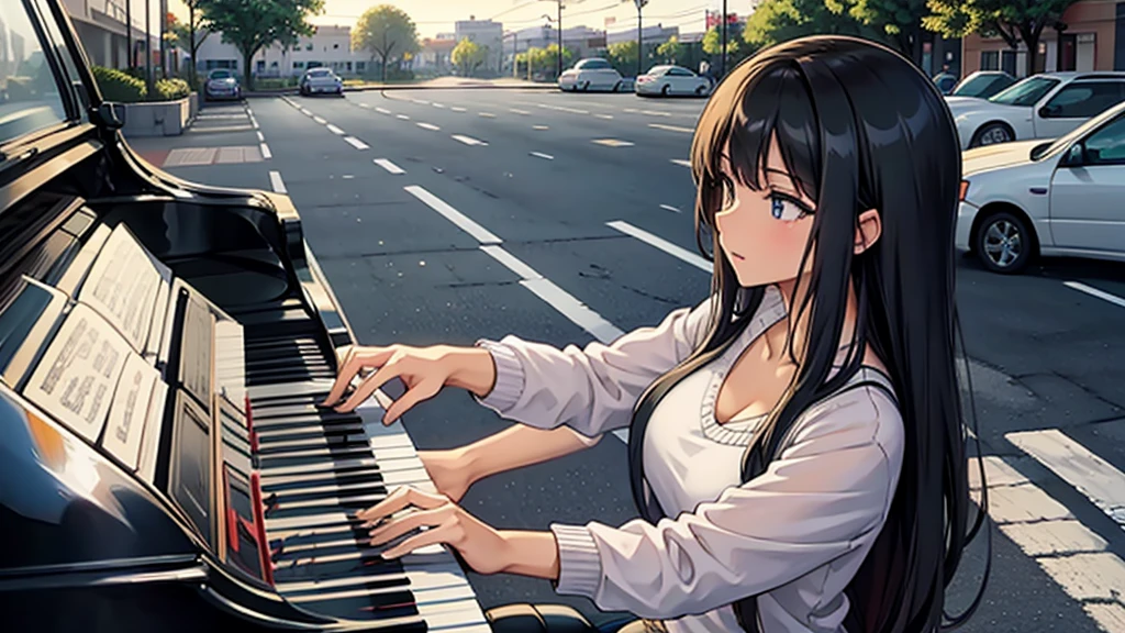 One playing the piano in a parking lot 