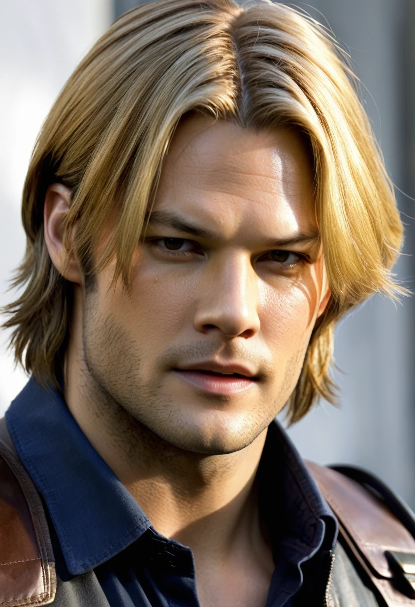 Jared Padalecki with golden hair as Leon Scott Kennedy from game Resident Evil 4 3D