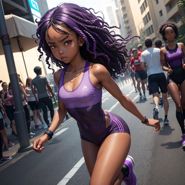 (masterpiece), (best quality), (high res) Solo, (perfect anatomy), (young girl ((10 years old)), ((((dark skin)))), (((curly purple hair))), (((shoulder length)))), red eyes, round eyeglasses, ((skin tight training outfit), (red skin tight high heels boots), (skin tight mini shorts), (super skin tight shorts), angry, ((((flat chest)))), in a futuristic setting with a red light, cyberpunk, best anime 4k, jogging in a park