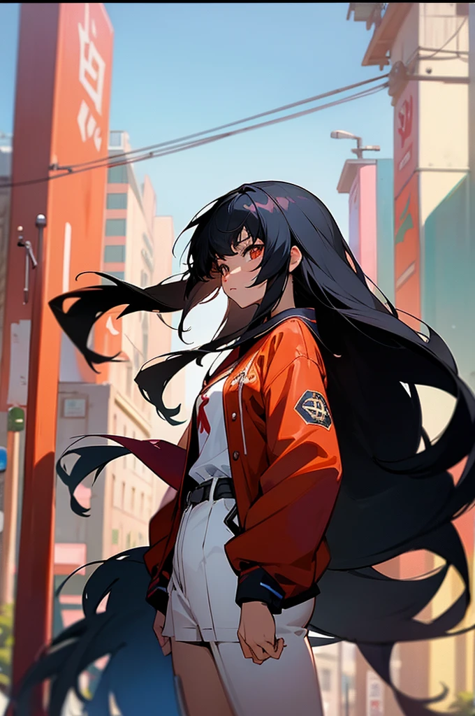 anime girl with African American skin, long black hair and red jacket standing in a crowded street, artwork in the style of guweiz, anime style. 8k, style anime, ross tran style, anime style 4 k, anime girl with long hair, girl fanart, ilya kuvshinov with long hair, beautiful anime art style, detailed digital anime art, beautiful anime style, facing towards camera