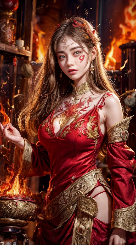 Highest quality、masterpiece、Ultra-high resolution、32k、Model Body Type、One Girl, Female Fire Spirit, Redhead, The upper body is visible、((Delicate illustrations drawn in detail:1.8)),((Clothes with intricate decorations:1.5))、(((A large amount of sparks are flying)))、Sacred robe、Sexy clothes、Lots of gold ornaments、Red and orange attire、Correct number of limbs、(((Above the flames)))、(((Hellfire)))、((Red eyes))、(((Wearing flame on the body)))、(((Swirling flames in the background)))、goddess、