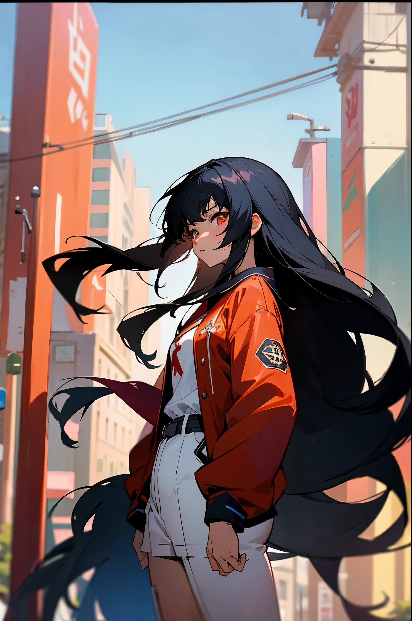 anime girl with African American skin, long black hair and red jacket standing in a crowded street, artwork in the style of guweiz, anime style. 8k, style anime, ross tran style, anime style 4 k, anime girl with long hair, girl fanart, ilya kuvshinov with long hair, beautiful anime art style, detailed digital anime art, beautiful anime style, facing towards camera