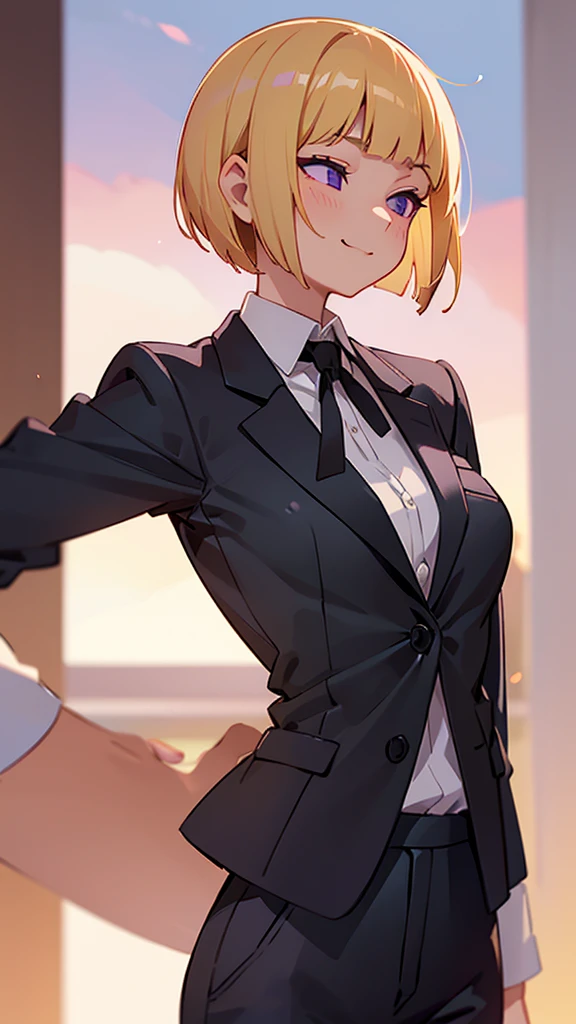 1 Girl、(blonde)、short hair、Bobcut、Blunt bangs、Beautiful purple eyes、Slender body、profile、Upper body close-up、White shirt、Black work trousers、Black Fitted Blazer、Calm face、Mouth closed、Cheeky Smile、Squint your eyes、Park in the background、sunset、Soft lighting.