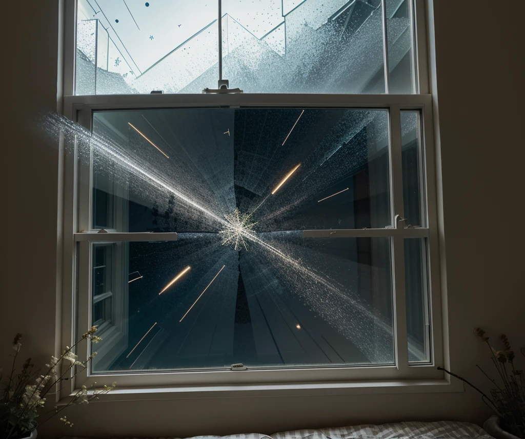 light illustration on the window with falling stars and clear meadow 